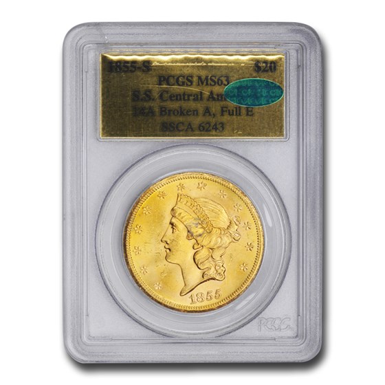 1855-S $20 Liberty Gold Dbl Eagle MS-63 PCGS CAC (S.S. Cen. Am) 1855-S $20 Liberty Gold Dbl Eagle MS-63 PCGS CAC (S.S. Cen. Am)